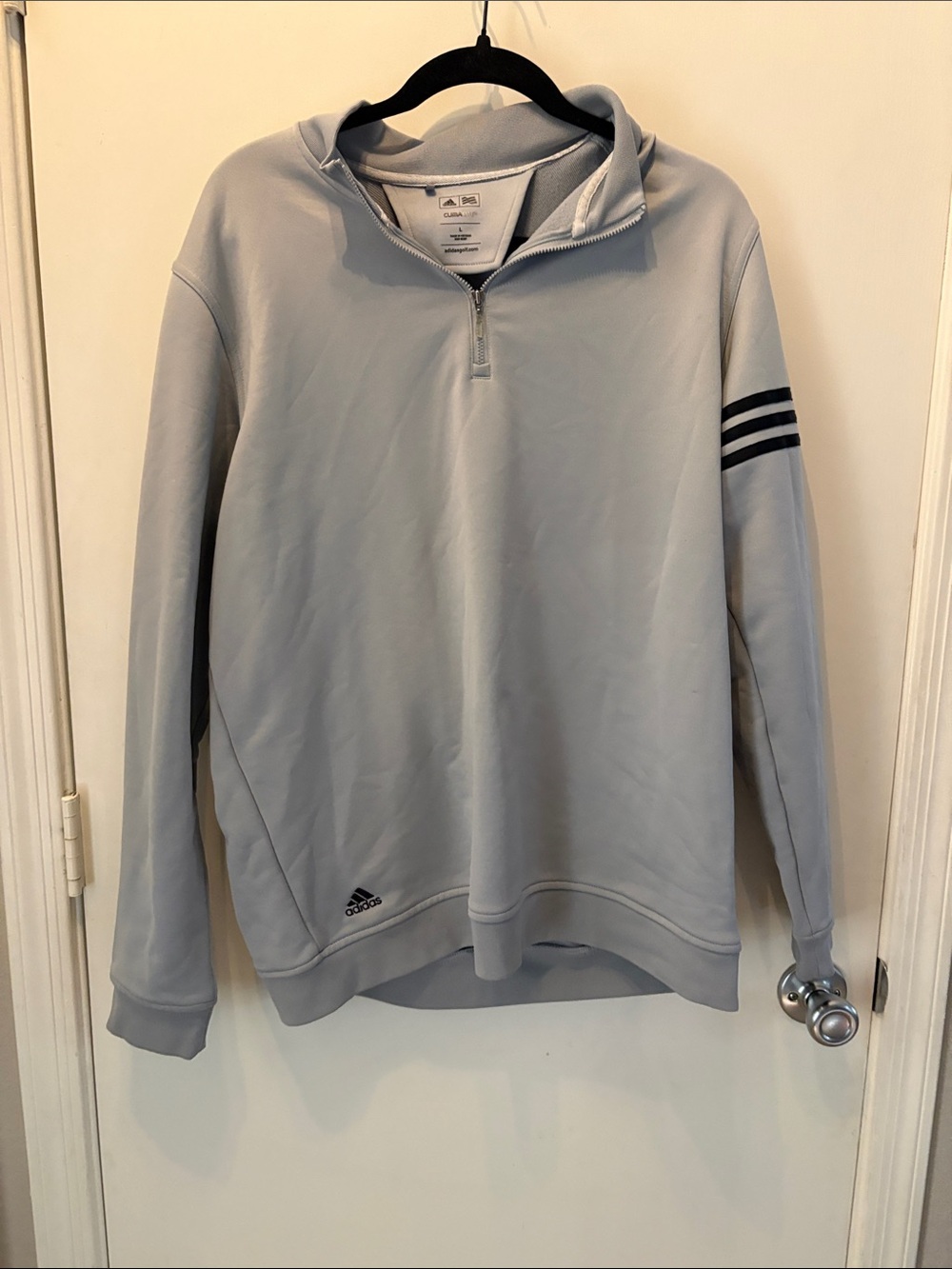 adidas Light Gray Men’s Quarter-Zip Pullover with Sleeve Stripes Climalite SZ L